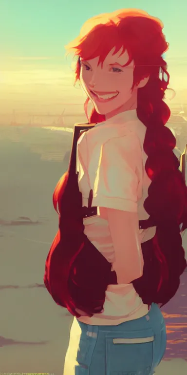 Image similar to synthwave concept art of young cute curvacious redhead cyborg woman softly smiling at camera wearing 🩳 and 👕 illustration illustration concept art anime by wlop and greg rutkowski and makoto shinkai and studio ghibli and kyoto animation acrylic on canvas