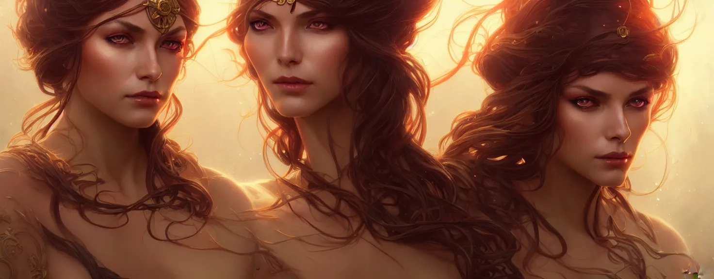 Image similar to fantasy magic woman portrait, sci-fi, amber eyes, face, long hair, fantasy, intricate, elegant, highly detailed, digital painting, artstation, concept art, smooth, sharp focus, illustration, art by artgerm and greg rutkowski and alphonse mucha