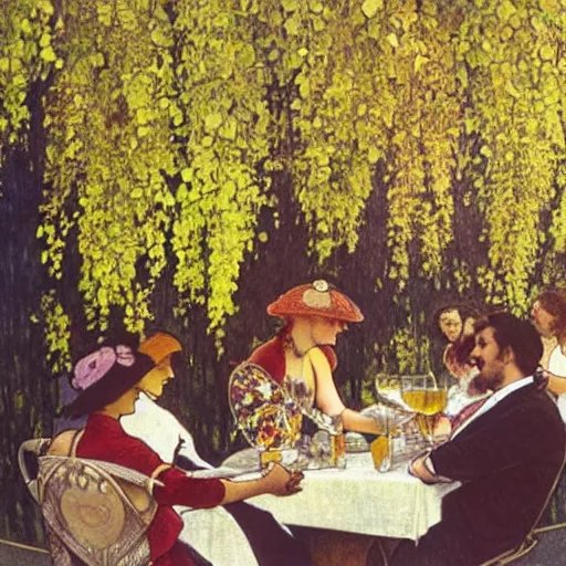 Prompt: happy people drink wine outside a a parisian cafe. there are bubbles in the air and a golden laburnum tree in bloom is in the foreground and it is a sunny afternoon, painted by mucha and car avaggio