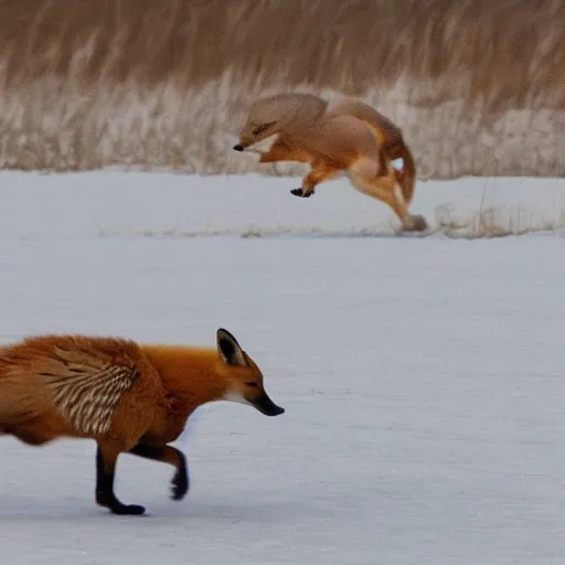 Prompt: goose being chased by a fox, photorealistic