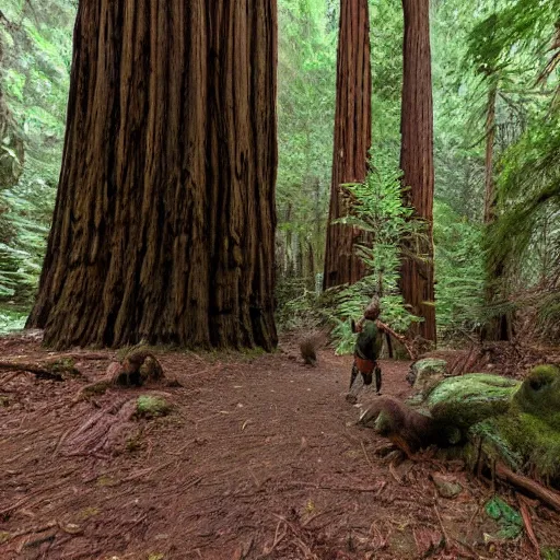 Prompt: trail cam footage of a demonic creature in a redwood forest