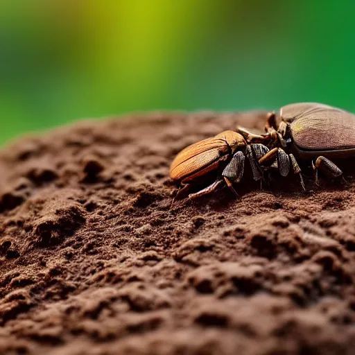 Prompt: a tiny world made of mud, there is a big brown bug crawling along, ambient light, beautiful photography