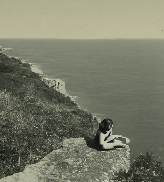 Image similar to a vintage photo of a girl sitting on a cliff overlooking the beach.