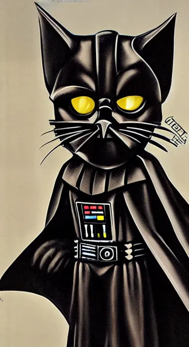 Prompt: a propaganda poster depicting a realistic looking cat dressed as darth vader