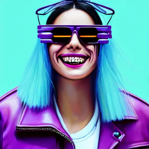 Image similar to closeup painting of a very beautiful young mexican cyberpunk woman with a smile, wearing light blue shutter shades, slatted shades, and a purple coloured leather jacket, one side haircut, long brown hair with light blue ends, portrait, hyperdetailed, artstation, cgsociety, synthwave by tangerine dream, by jean - michel jarre, by vangelis, by john carpenter