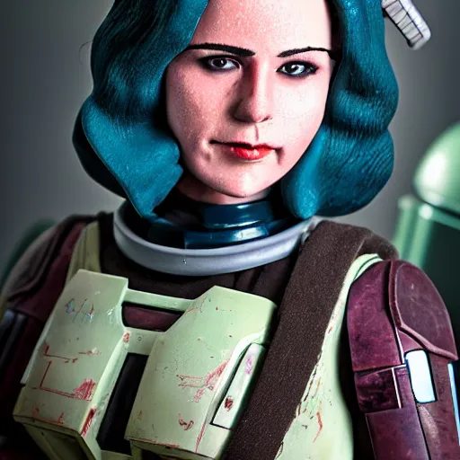 Image similar to 50mm portrait of female Bobafett at Mos Eisley spaceport