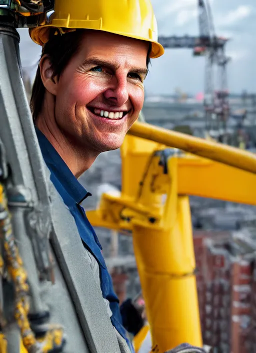 Image similar to closeup portrait of cheerful tom cruise as a crane operator, yellow hardhat, sitting in a crane, natural light, bloom, detailed face, magazine, press, photo, steve mccurry, david lazar, canon, nikon, focus