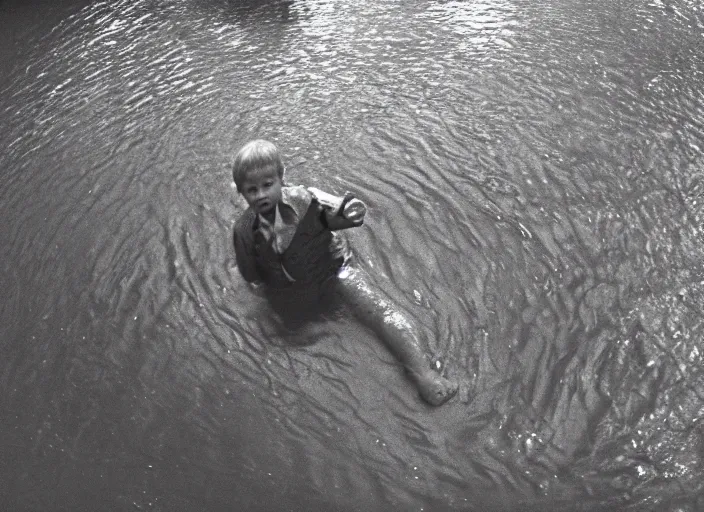 Image similar to grainy security cam footage still of Augustus Gloop in the chocolate river at Willy Wonka's Chocolate Factory, extreme wide angle