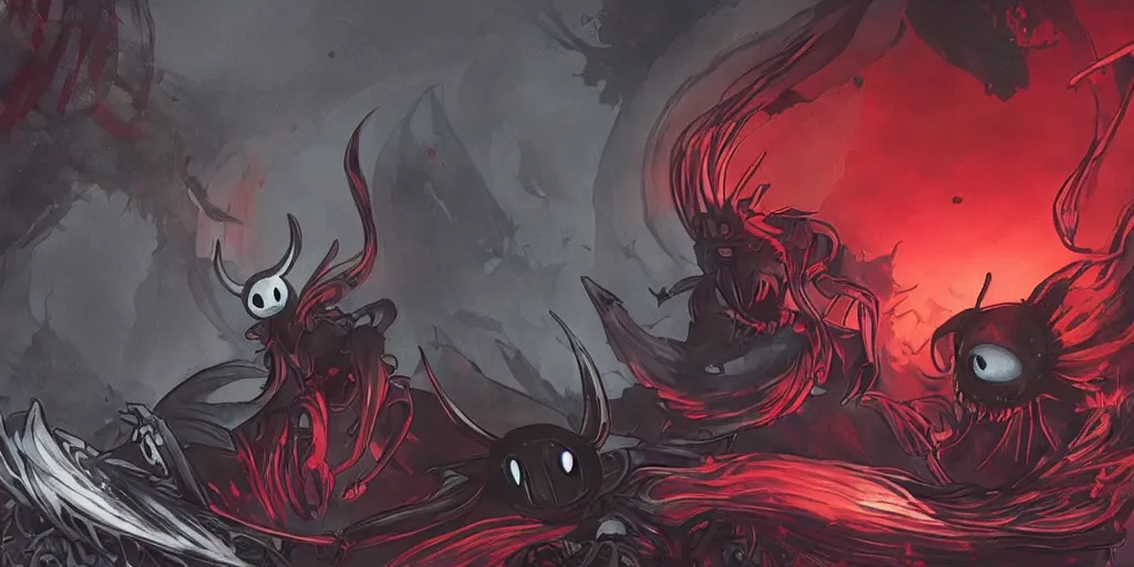 Image similar to cover art for hollow knight. Corrupted. High detail. No text. Red. nightmare king grimm. Sharp. 4K