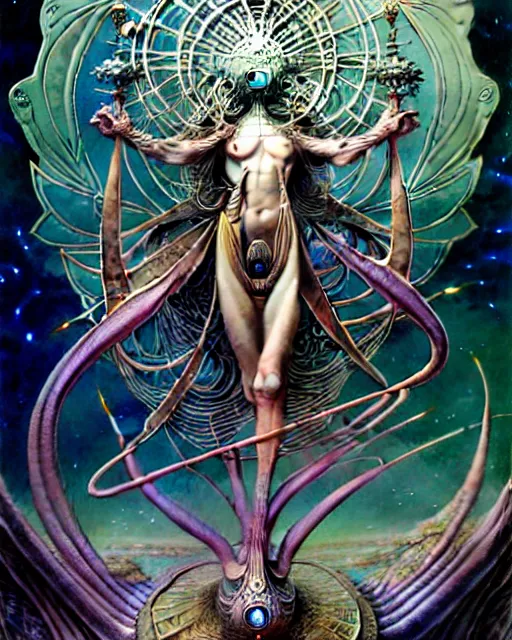 Image similar to the world tarot card, fantasy drawing made of fractals, ultra realistic, wide angle, intricate details, the fifth element artifacts, highly detailed by peter mohrbacher, hajime sorayama, wayne barlowe, boris vallejo, aaron horkey, gaston bussiere, craig mullins