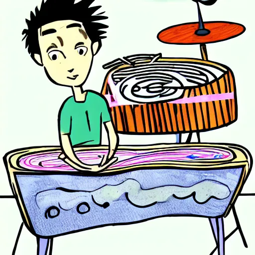 Prompt: cartoon of jacob collier playing saturn rings af if they were marimbas