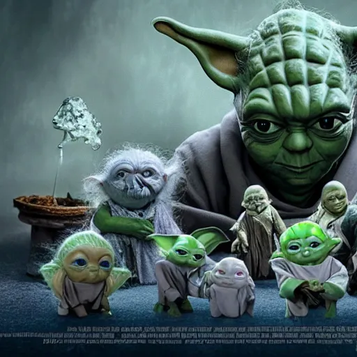 Image similar to Yoda surrounded by evil killer dolls 8k hdr movie still