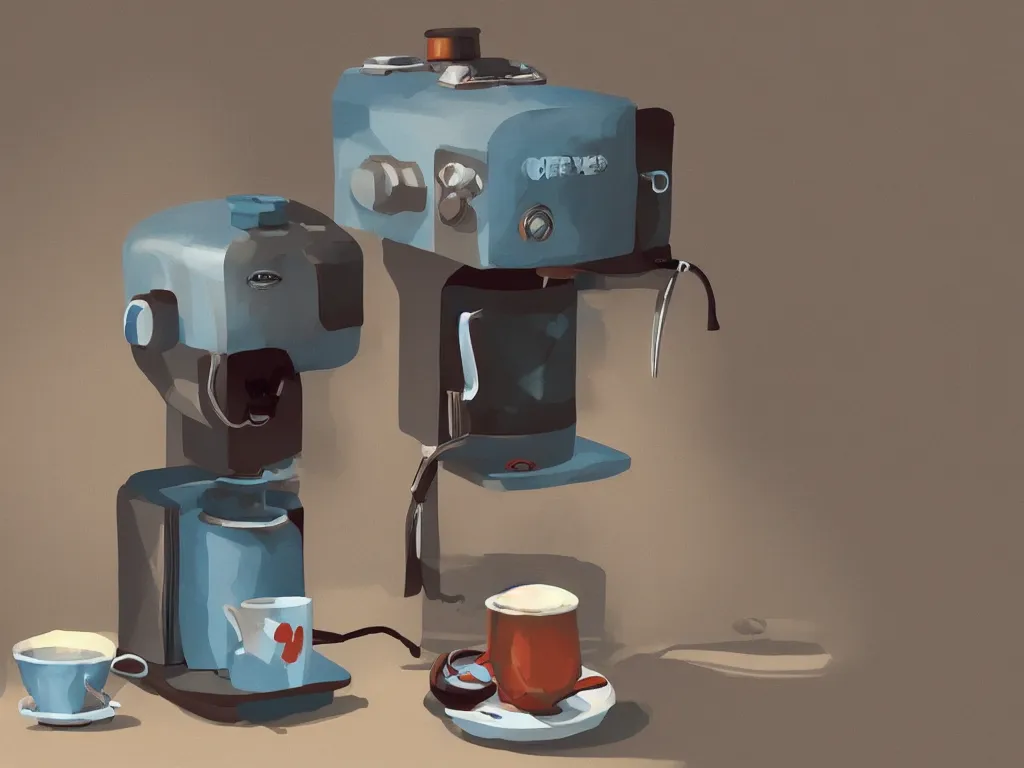 Prompt: coffee machine, by pixar, serene illustration, fresh colors, conceptart, trending on artstation