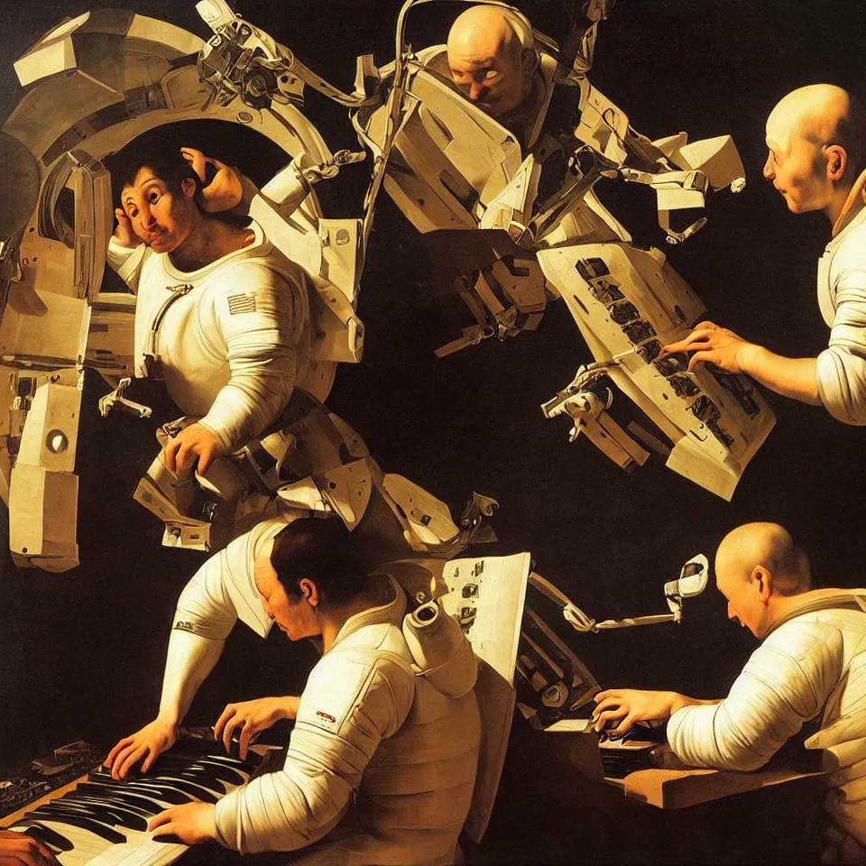 Image similar to an astronaut playing a keyboard by caravaggio, dynamic lighting, cinematic, epic composition, masterpiece