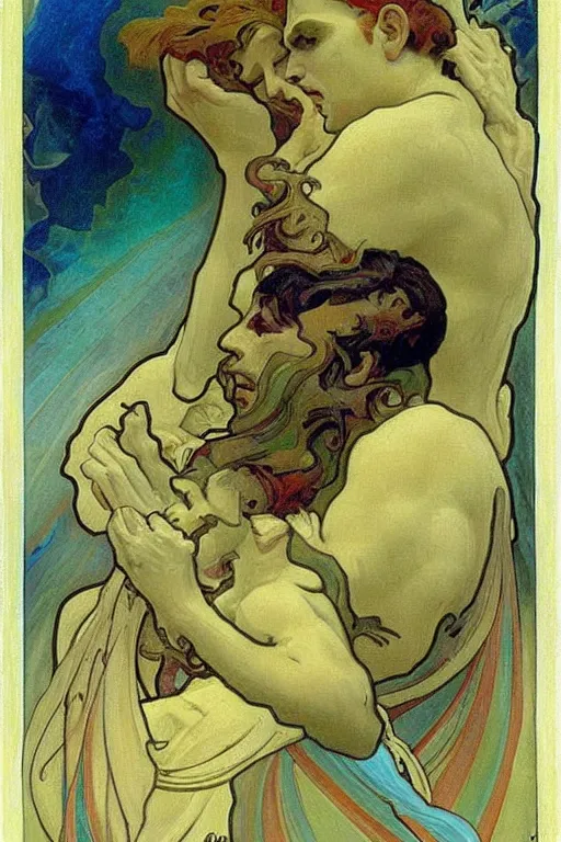 Prompt: saturn devouring his son painting by alfons mucha