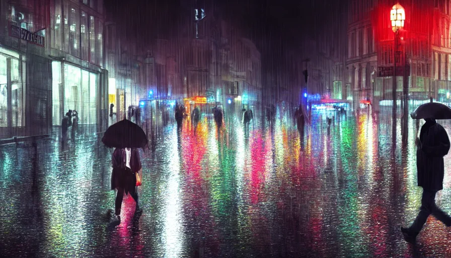 Prompt: guy walking under rain in brussels by night, neon lights, hyperdetailed, artstation, cgsociety, 8 k