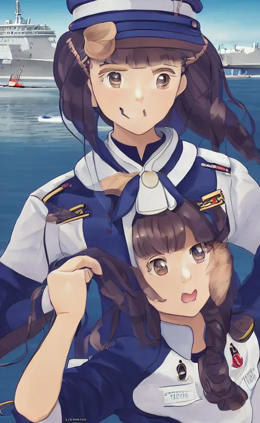 Prompt: portrait of a shipgirl in sailor uniform, highly detailed, high resolution, military naval port in the background, the front of a modern trading card, illustration, character concept art, stunning, kancolle style, matte, 100mm, by japanese artist shibafu, realistic human anatomy, realistic military carrier, modern warfare, realistic gun design, digitally draw on wacom tablet, low saturation, small eyes, hard surfaces