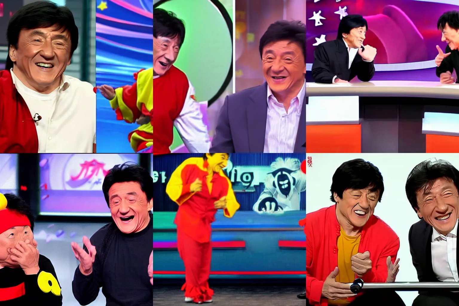 Prompt: Jackie Chan and a clown debate on live TV