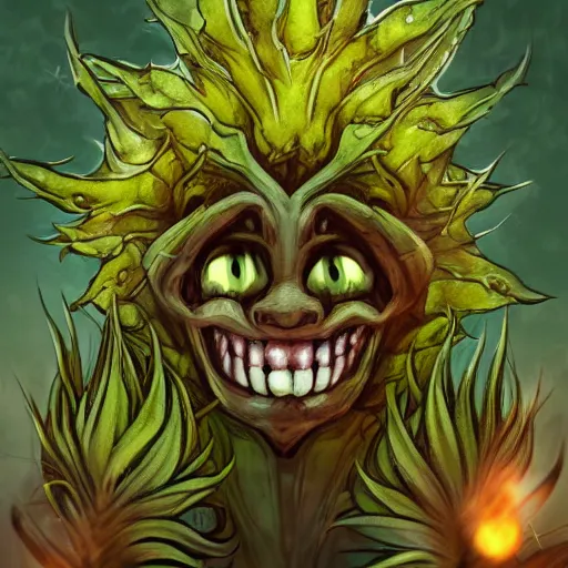 Image similar to plant monster, trending on art station, amber eyes and a smug smile