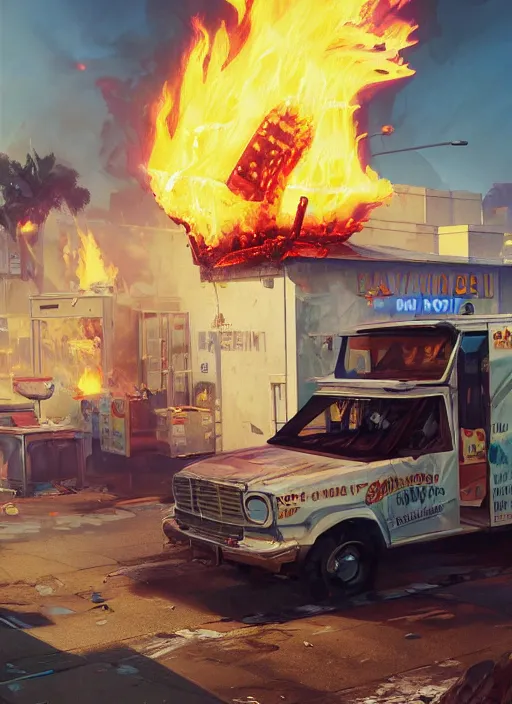 Image similar to highly detailed image of an ice cream truck on fire, in gta v, stephen bliss, unreal engine, fantasy art by greg rutkowski, loish, rhads, ferdinand knab, makoto shinkai and lois van baarle, ilya kuvshinov, rossdraws, tom bagshaw, global illumination, radiant light, detailed and intricate environment