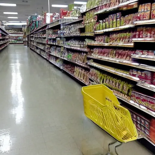 Prompt: pyramid head from silent hill shopping at a grocery store