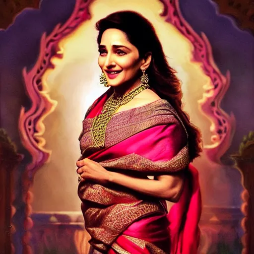 Prompt: beautiful portrait of madhuri dixit wearing assamese mekhela sleeveless silk saree, fantasy, intricate, elegant, highly detailed, digital painting, artstation, concept art, smooth, sharp focus, luxury fashion illustration, art by artgerm and greg rutkowski and alphonse mucha, brightly lit cinematic soft lighting, photorealistic, assam tea village background