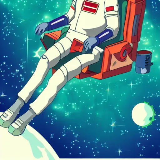 Prompt: an anime astronaut relaxing in space, manga character, anime, vector art, glitchcore, studio ghibli,