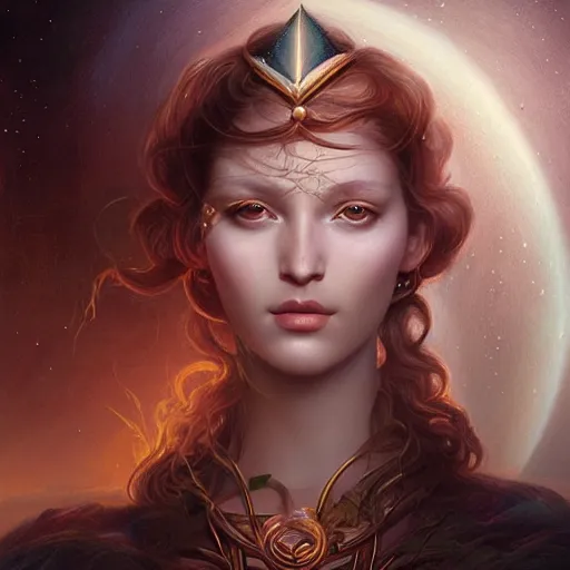 Image similar to a beautiful portrait of a celestial goddess by Jim Burns and Tom Bagshaw, Trending on Artstation