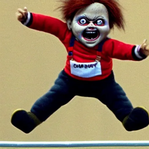 Prompt: screaming chucky doll doing long jump at the olympics