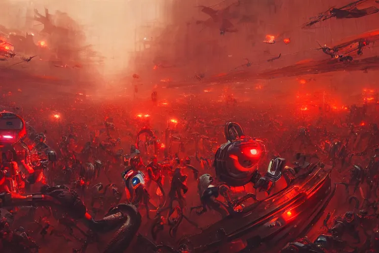 Prompt: a painting of an eager crowd of robots and people running into oblivion by Jasper Ejsing, James Jean, epic scene, dramatic light, red color-scheme, hd, octane8