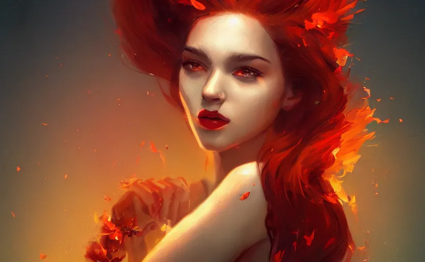 Image similar to a painting of jasmine trending on artstation in the style of greg rutkowski, beautiful, sensual, flower, portrait, adorable, alter, hell, fire hair, fire