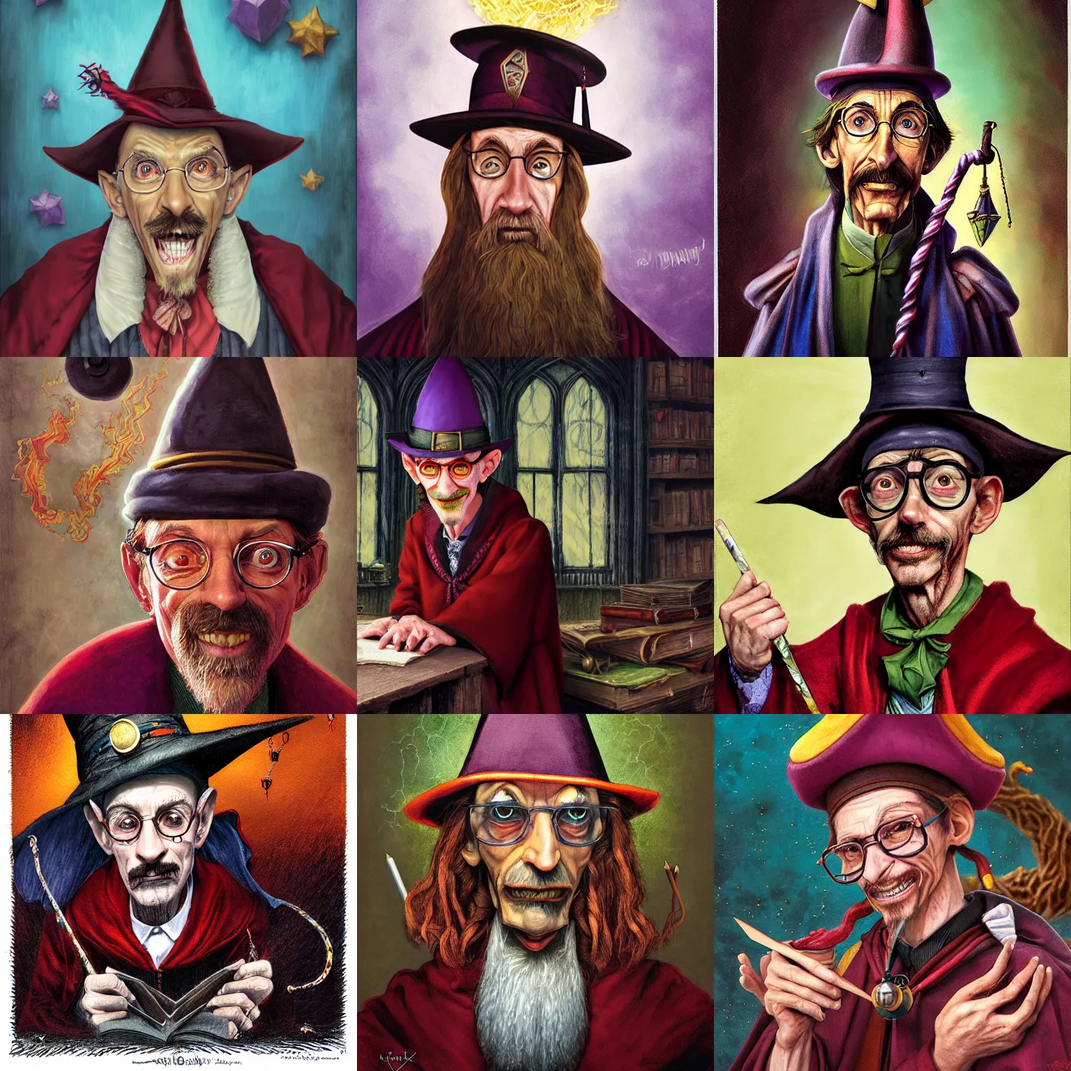 Prompt: Portrait of Rincewind as cynical, cowardly, incompetent professor in Hogwarts School of Witchcraft and Wizardry, detailed, hyperrealistic, colorful, cinematic lighting, digital art by Paul Kidby, Kate Oleska and Jim Kay