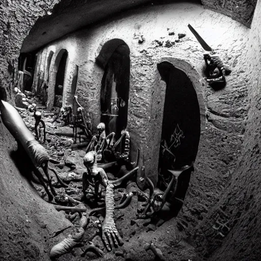 Prompt: 5 living undead skeletons emerging from a pile of brown shit and dirt in the bottom of a very dark well. swords in their hands. circular room. stone walls. bright runic symbols in wooden doors. wide angle. trending on artstation, craig mullins, gopro lens.