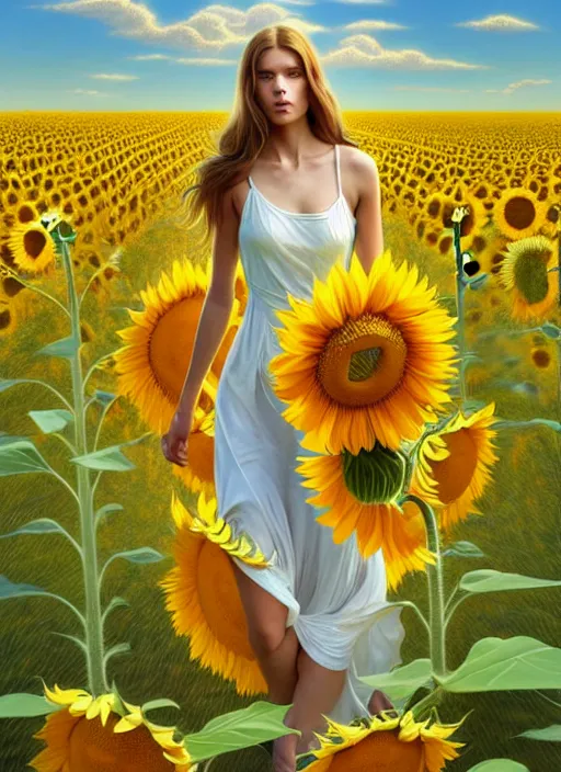 Prompt: a full body fashion photography of a girl slowly walking through amazing tall sunflower field, hair flowing, intricate, elegant, clearly visible face, highly detailed, digital painting, artstation, concept art, smooth, sharp focus, illustration, art by artgerm and greg rutkowski and alphonse mucha, 8 k