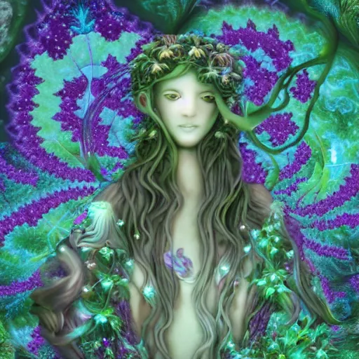 Image similar to glowing delicate flower and mushrooms that grow in a dark fatansy forest on the planet Pandora, an idealistic marble statue with fractal flowery hair in a fractal garden, symmetrical,