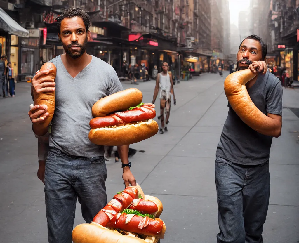 Image similar to closeup portrait of a man carrying a giant hotdog on his shoulder in a smoky new york back street, by Annie Leibovitz and Steve McCurry, natural light, detailed face, CANON Eos C300, ƒ1.8, 35mm, 8K, medium-format print