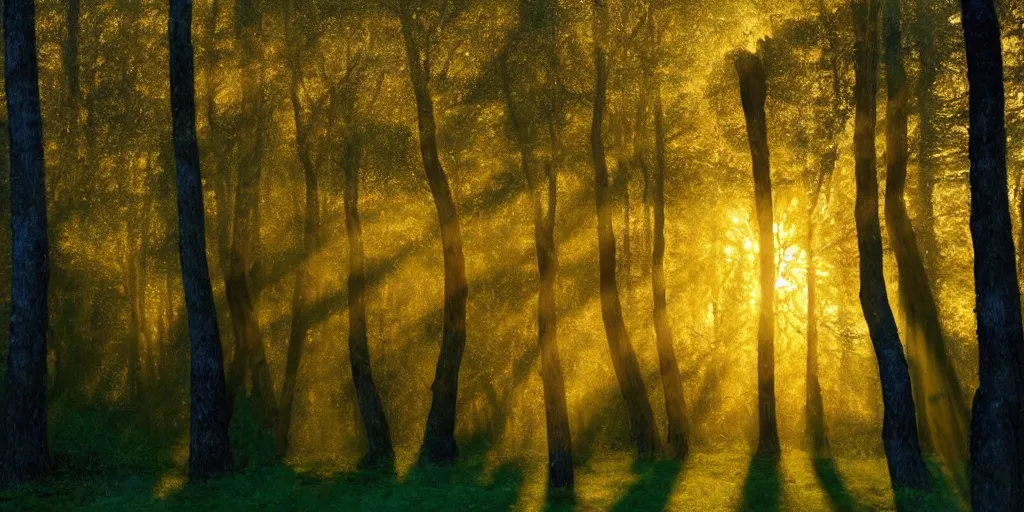 Image similar to An aesthetically pleasing, dynamic, energetic, lively, well-designed digital art of trees inside a forest during golden hour, light and shadow, caustics, by Claude Monet, superior quality, masterpiece, excellent use of negative space. 8K, superior detail.