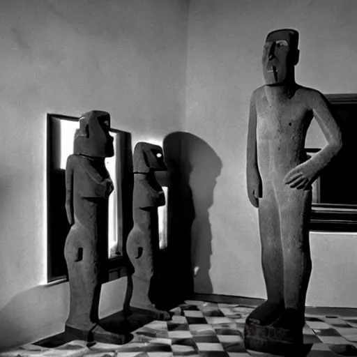 Image similar to easter island moai as the main character in a black and white noir film wearing a fedora standing in the foyer of a 1 9 4 0 s house, intricate, 1 9 4 0 s film noir, robert siodmak, fritz lang, otto preminger, orson welles, billy wilder