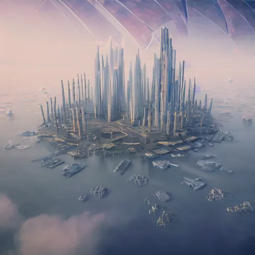 Image similar to a highly detailed 3D octane render of a futuristic city floating in the clouds, floating arcology city, inspired by Buckminster Fuller’s circular city project and Cloud City, trending on artstation, unreal engine, hyperrealistic, photorealistic