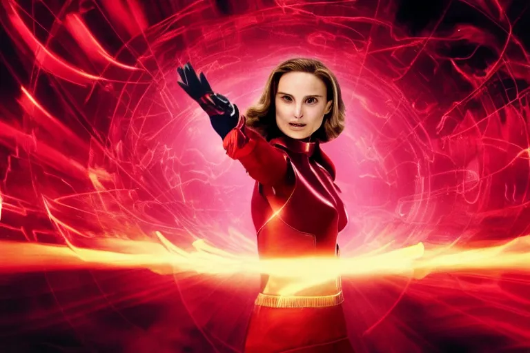 Image similar to film still of Natalie Portman as Scarlett Witch flying in red clouds casting a hex surrounded by glowing glyphs in Multiverse of Madness, 4k
