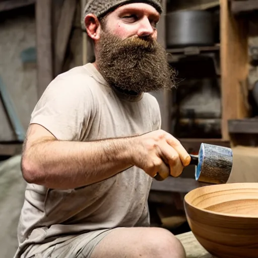 Image similar to bearded man turns bowl using woodlathe