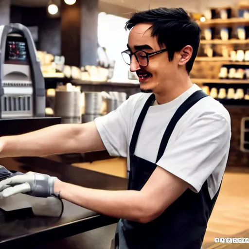 Prompt: filthy frank working at starbucks, 4 k, high resolution, still, landscape, hd, dslr, hyper realistic