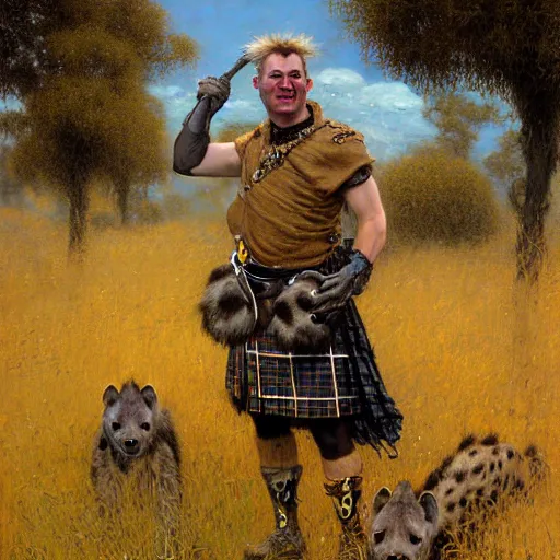 Prompt: portrait of a male hyena wearing a kilt in a grassy field. shadowrun furaffiniy cyberpunk fantasy highly detailed painting by gaston bussiere craig mullins jc leyendecker gustav klimt artgerm greg rutkowski john berkey, bergey, craig mullins, ruan jia, raymond swanland, jeremy mann, tom lovell, alex malveda