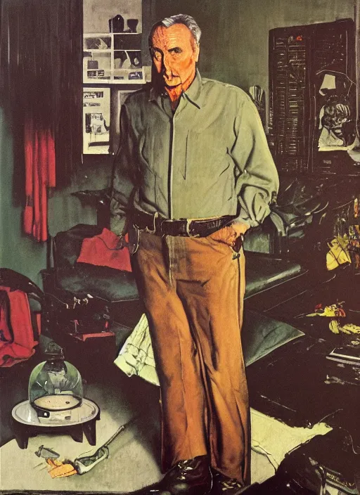 Image similar to full body and head portrait of dennis hopper in a dark and dingy apartment, painted by norman rockwell and tom lovell and everett raymond kinstler, green, dystopian