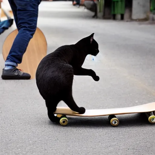 Prompt: a cat pulling a man on a skateboard