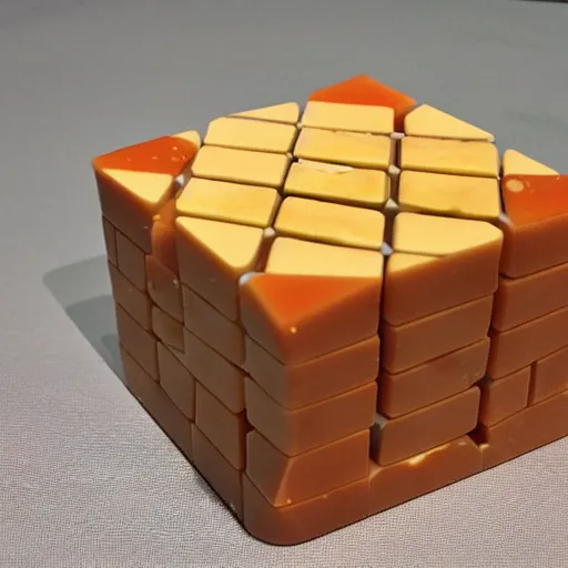 Image similar to a rubiks's cube made of gruyere, on a chees board