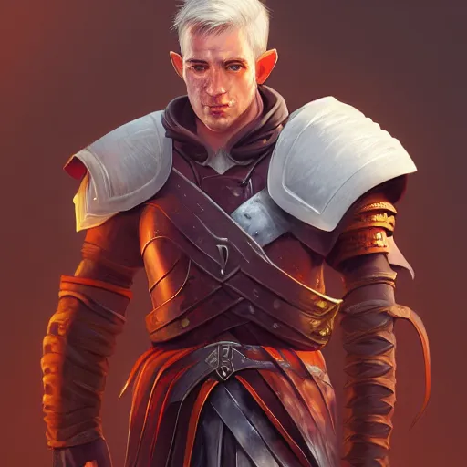 Image similar to character portrait, D&D, male half-elf, artificer, short red hair shaved on sides, white jacketed, half-plate armor, artstation, ultra detailed, in the style of Greg Rutkowski