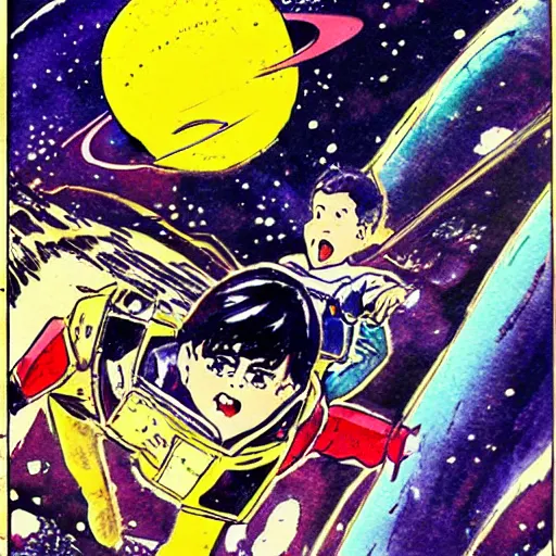 Image similar to a vintage anime 70s comic book watercolor of Alex Jones in space