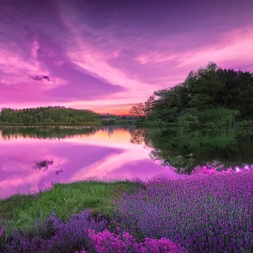 Prompt: dusk with pink and lavender sky with light pink clouds on a lake reflecting the pink sky dreamland