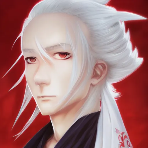 Prompt: white haired parted down the middle, hakama wearing anime man portrait made by Stanley Artgerm, WLOP, Rossdraws, James Jean Andrei Riabovitchev, Marc Simonetti, Yoshitaka Amano, Artstation